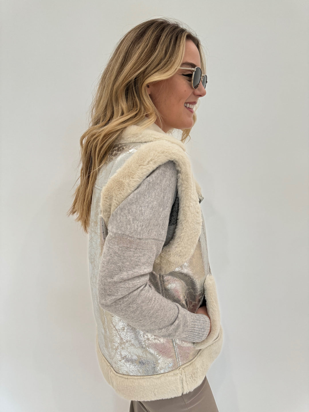 D.Exterior Metallic Vest in Onice with Multi Stripe Crew Sweater in Cenere underneath, Le Specs Neptune Deux Sunglasses - all available at Barbara Katz