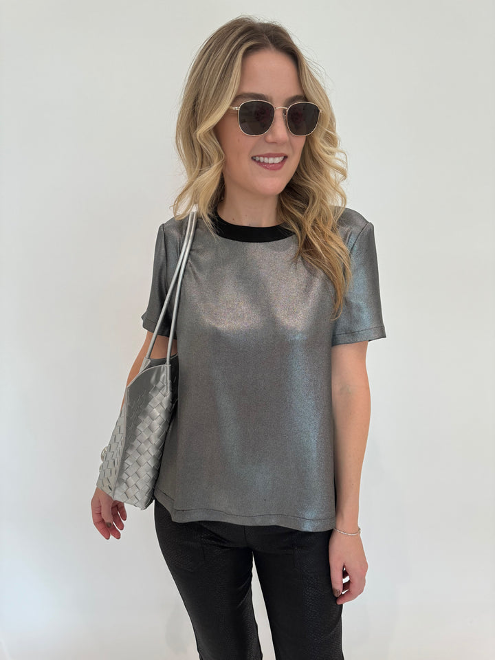 Elliott Lauren Slinky Metallic Tee in Silver with BK Victoria Medium Tote Bag in Silver, Le Specs Neptune Deux Sunglasses available at Barbara Katz