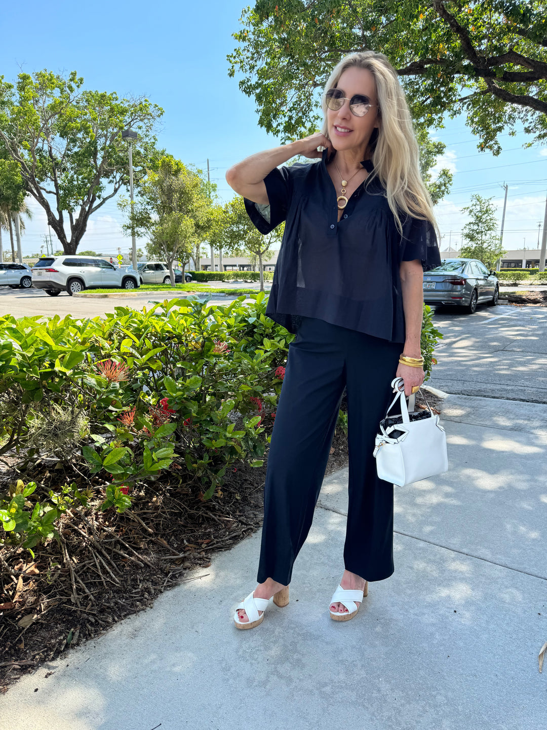 Frame Pleated Button-Up Blouse - Navy