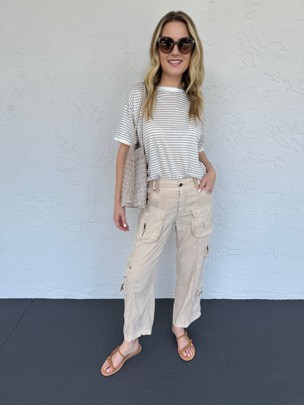 Marrakech Addison Pants in Mushroom, paired with Frame's Stripe Pocket Crew Tee