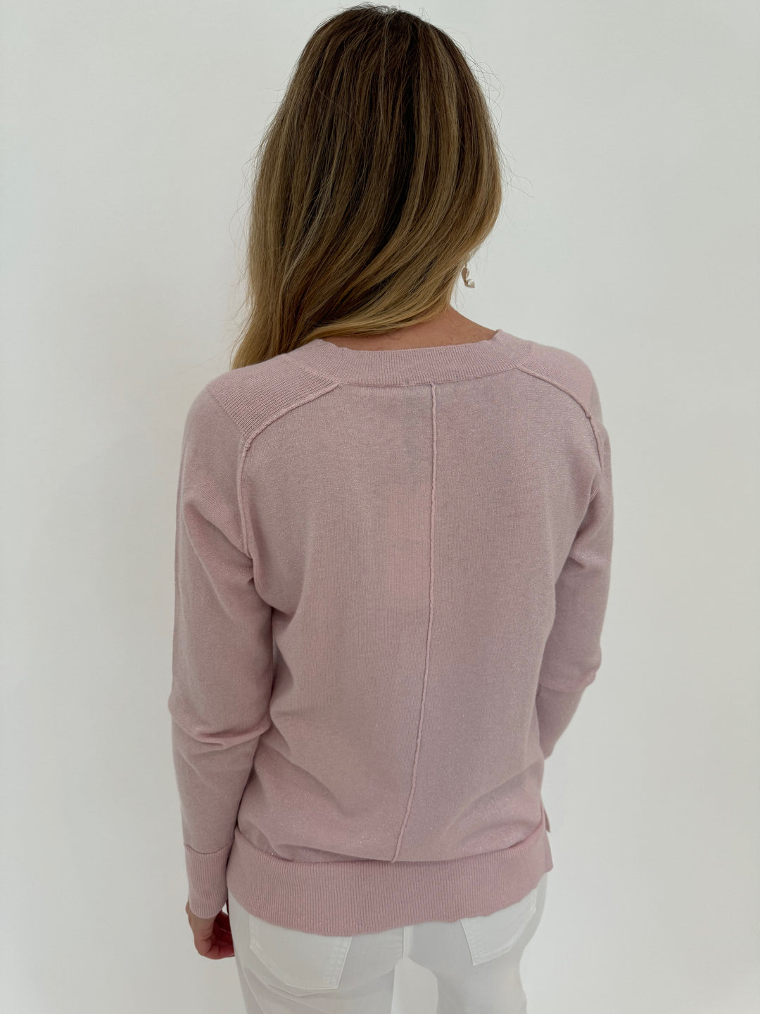 Pure Amici Metallic V-Neck Sweater in Petal 