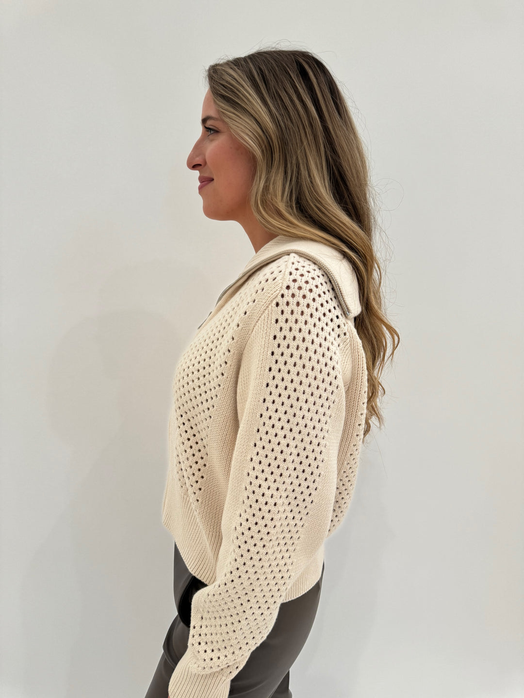 Varley Farina Full-Zip Long Sleeve Knit Sweater in Whitecap Grey available at Barbara Katz