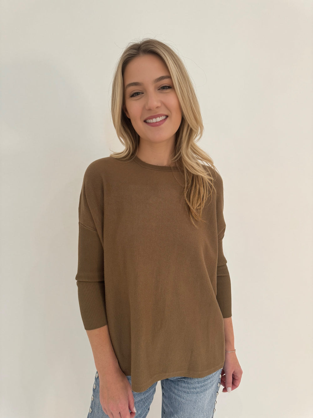 BK Sabrina Crew Boxy Sweater in Warm Olive available at Barbara Katz