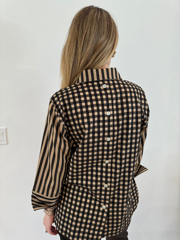 Hinson Wu Aileen 3/4 Sleeve Stripe/Gingham Combo Top in Latte/Black, 100% cotton popover shirt with back button detail