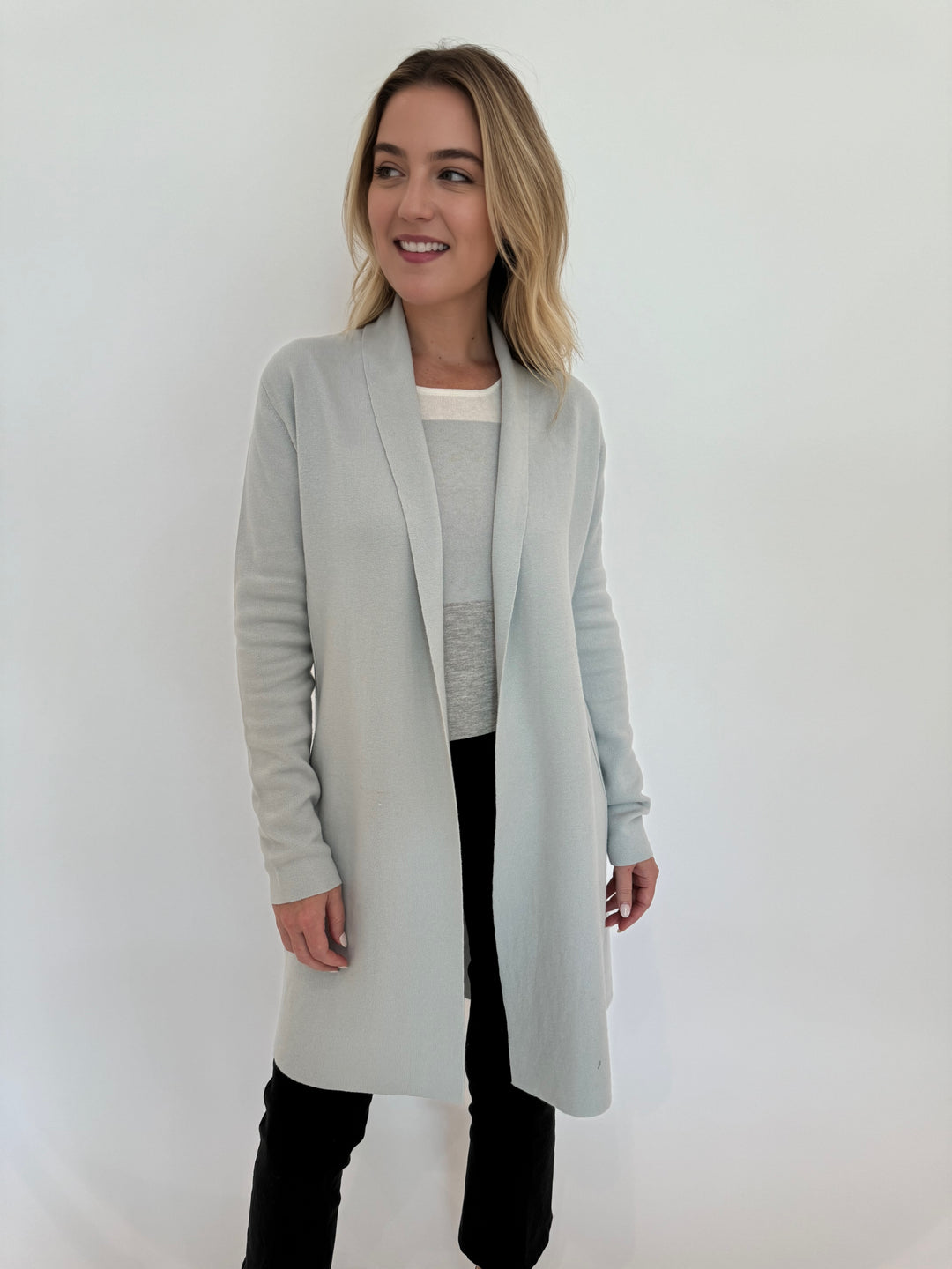 Pure Amici Willow Long Open Cardigan in Mist available at Barbara Katz