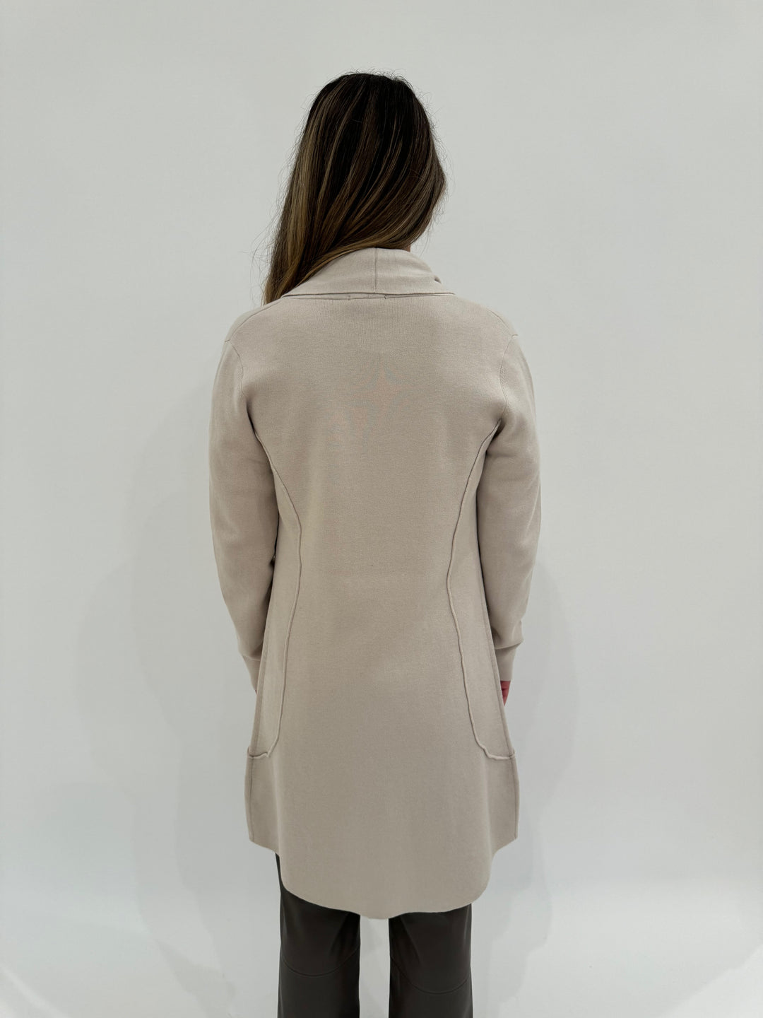 Pure Amici Long Open Cardigan in Latte available at Barbara Katz