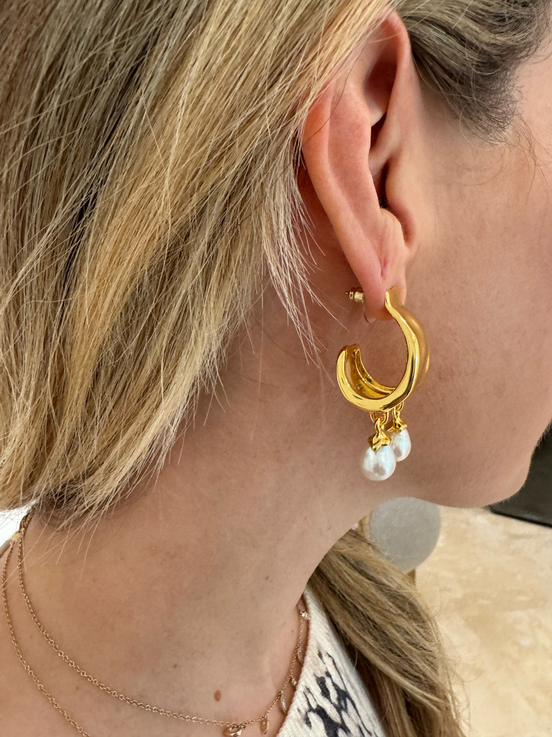 Alexis Bittar Perla Freshwater Pearl Drop Hoop Earrings in Gold available at Barbara Katz