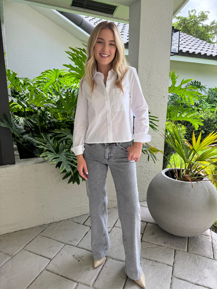 Oui Nova Shirt With Studs in Optic White paired with MAC Dream Wide Jeans 32" in Silver Metallic available at Barbara Katz