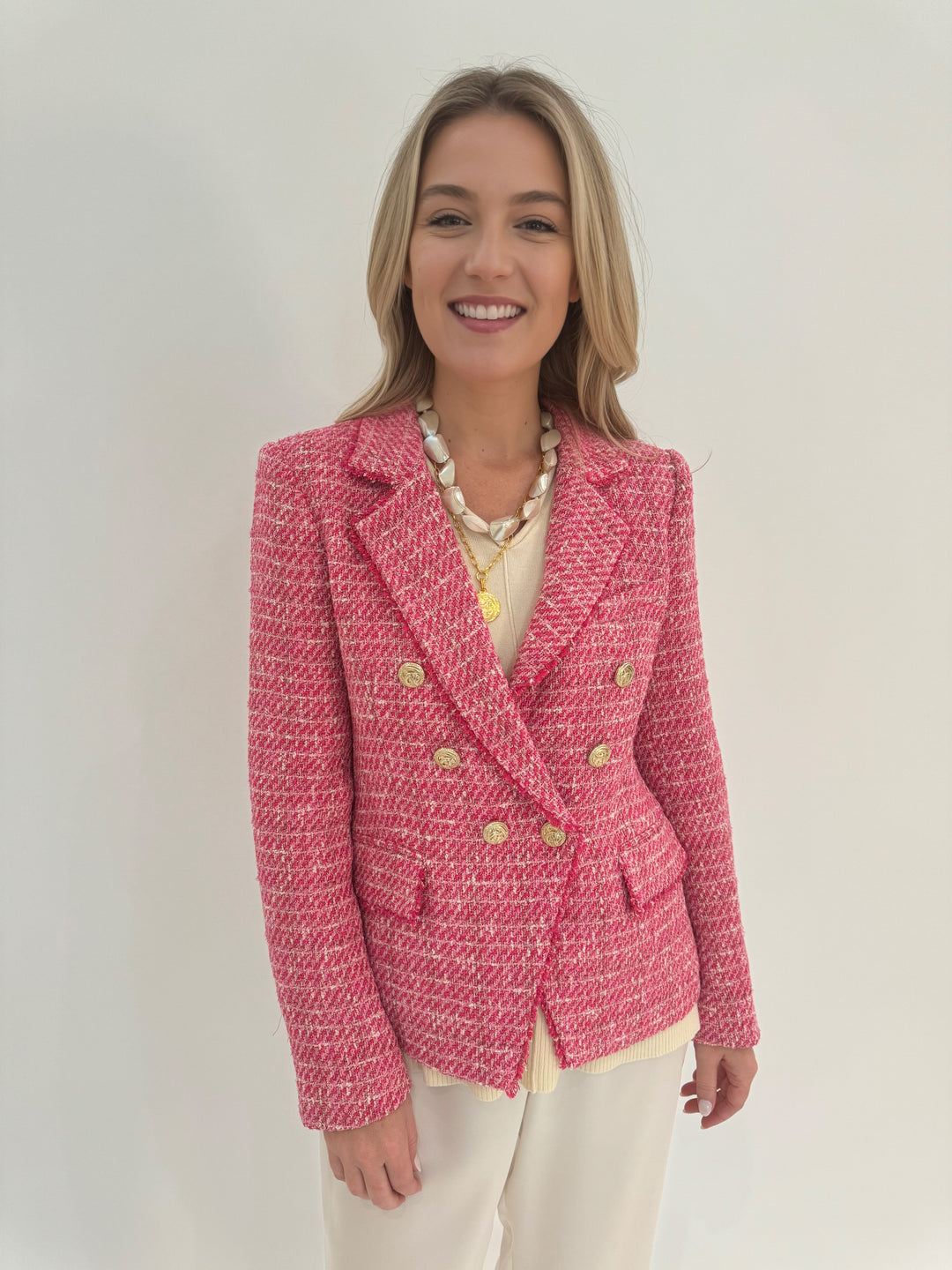 BK Selena Roll V-Neck Sweater in Ivory layered with Generation Love Eliza Tweed Blazer in Hot Pink available at Barbara Katz