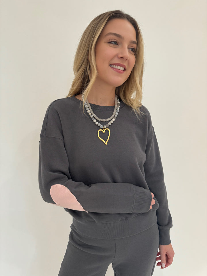 Kerri Rosenthal Boyfriend Sweatshirt Heart Patchwork in Faded Carbon with Barbara Kazt Jewelry