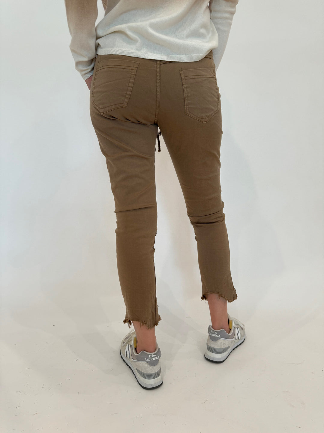 BK Kylie Distressed Fringe Hem Crinkle Jogger in Camel available at Barbara Katz