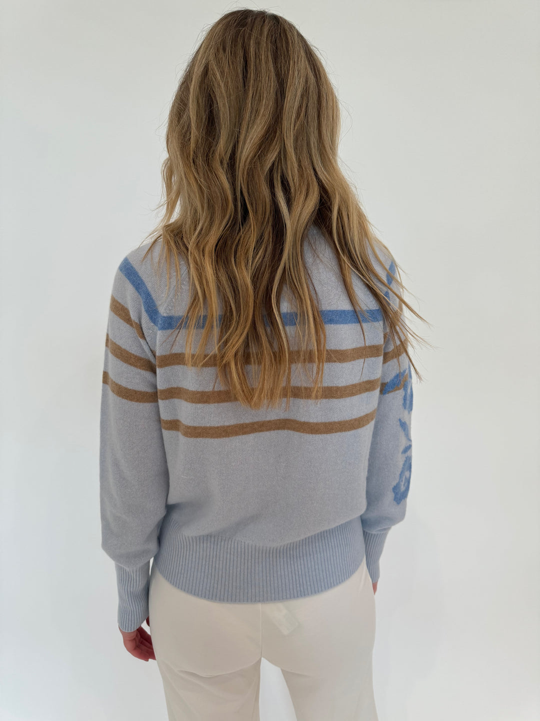 Kinross Cashmere Floral Stripe Crew Sweater in Celeste Multi available at Barbara Katz