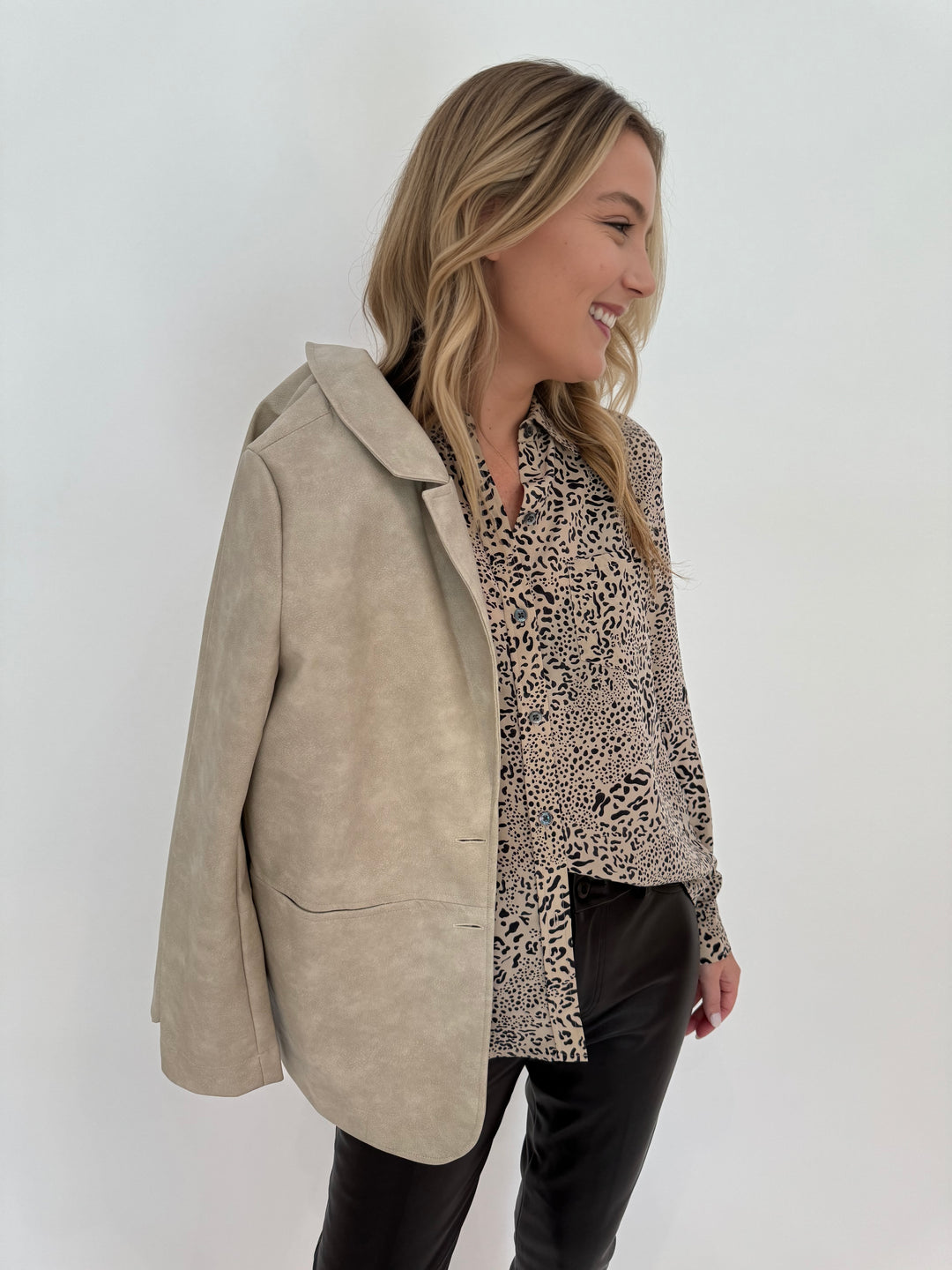 Aldomartins Makalu Jacket in Vanilla with Rails Kate Button-Down Shirt in Sand Mixed Cheetah print underneath available at Barbara Katz