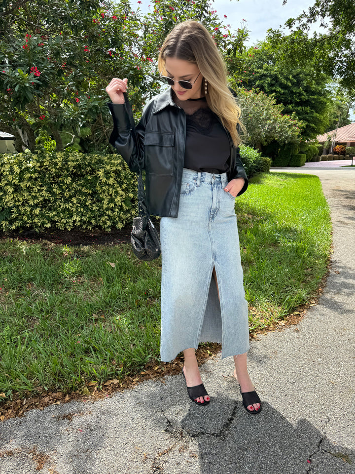 Pistola Alice Midi Skirt in Brooklyn paired with Marella Book Button Down Vegan Leather Jacket with Generation Love Farren Lace Combo Top in Black underneath