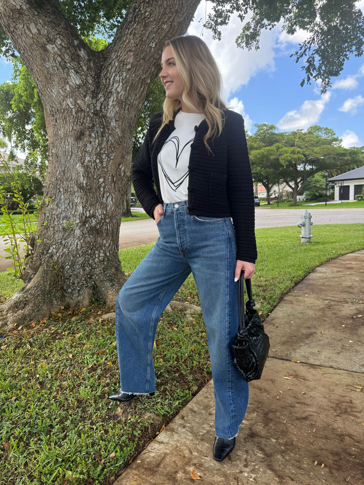 Barbara Katz Erica Heart Scoop Neck Top in Black layered with Ellen Heart Zip Up Jacket, paired with Agolde Luna Tapered Jeans