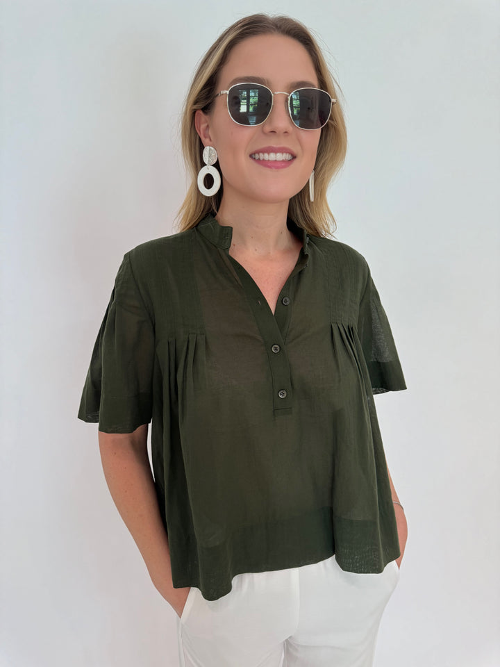 rame Pleated Button-Up Blouse in Military