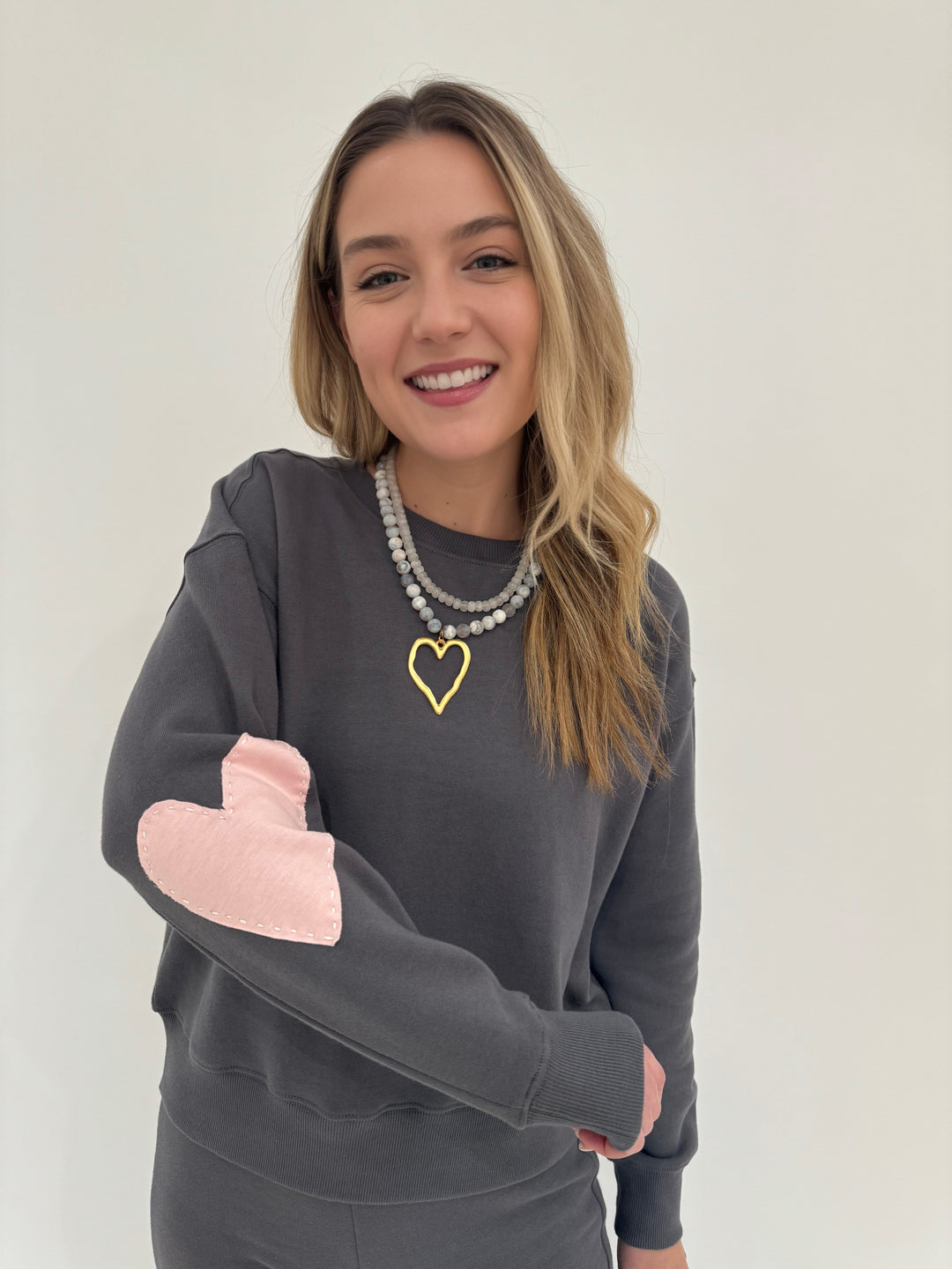 Kerri Rosenthal Boyfriend Sweatshirt Heart Patchwork in Faded Carbon with Barbara Kazt Bead Necklaces