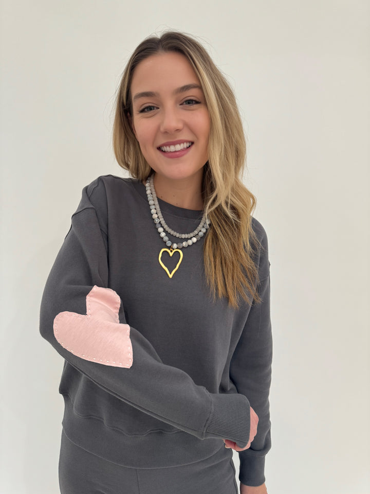 Kerri Rosenthal Boyfriend Sweatshirt Heart Patchwork in Faded Carbon with Barbara Kazt Bead Necklaces