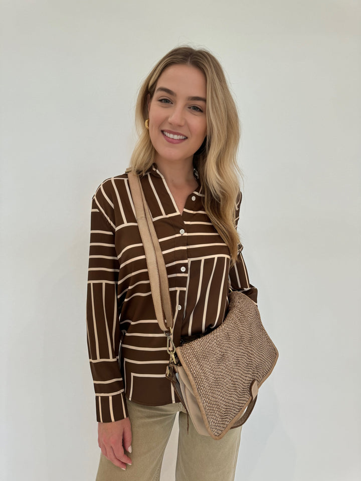 Rails Elias Shirt in Brown Line Art with BK Intrecciato Crossbody Bag in Beige available at Barbara Katz