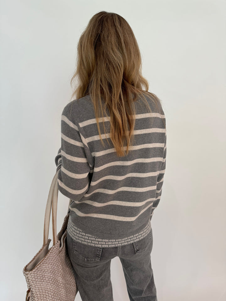 Oui Vega Stripe Double Layer Sweater in Grey/White available at barbarakatzshop.com