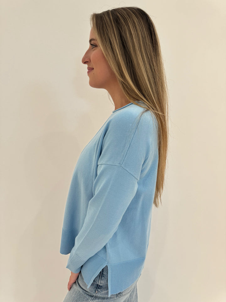 BK Stella Roll Crew Neck Long Sleeve Sweater in Alaskan Blue available at Barbara Katz