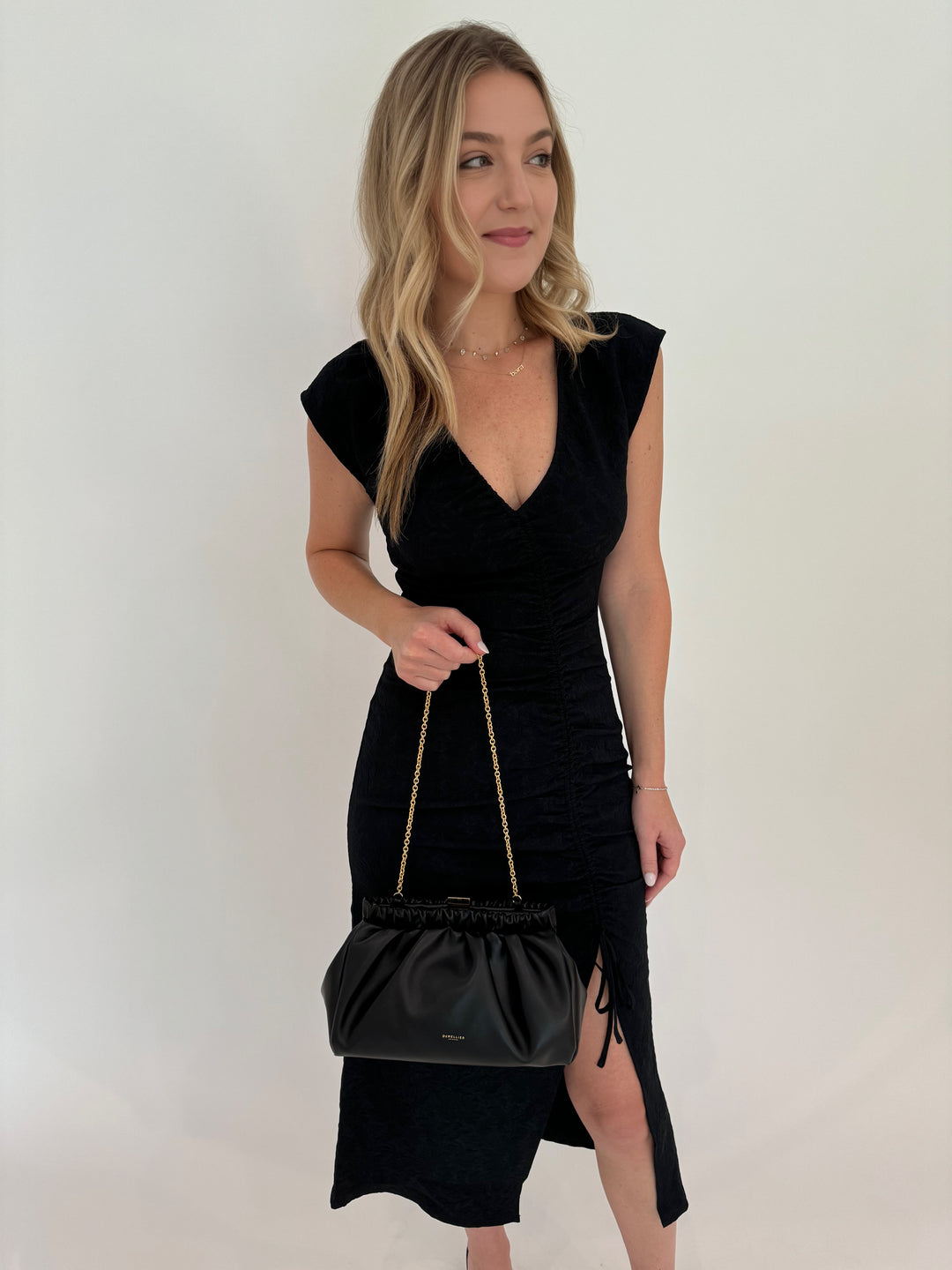 Rails Auren Short Sleeve Dress in Black with DeMellier Miami Clutch in Black Smooth available at Barbara Katz