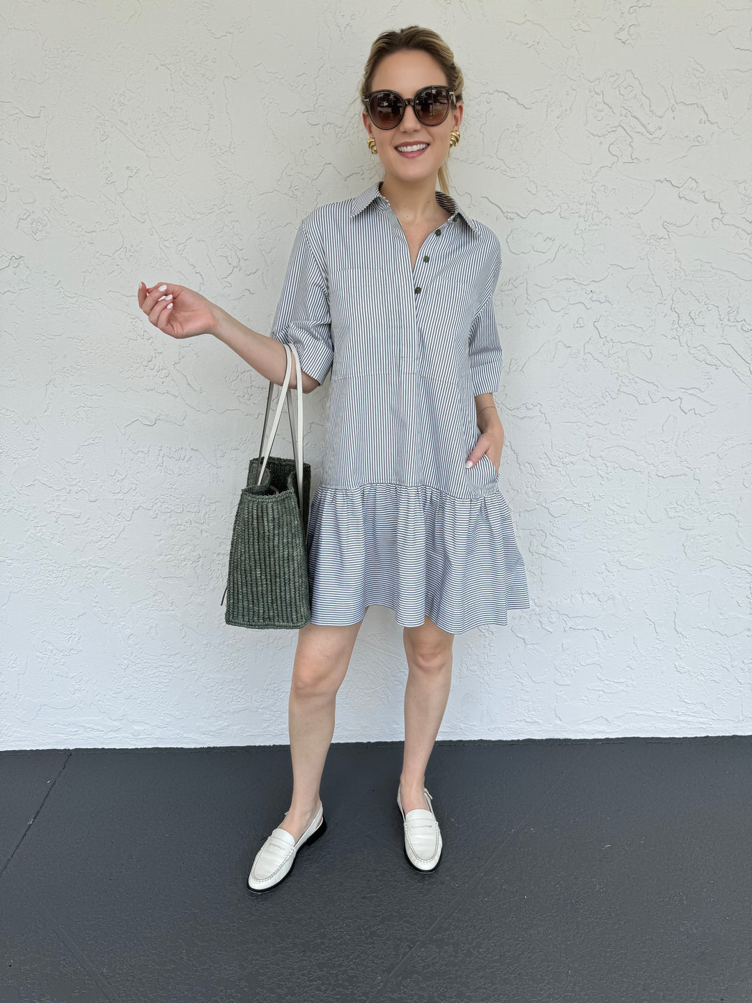 Simkhai Cris Short Sleeve Shirt Dress in Army Green Stripe, 100% cotton collared dress with button front closure, short sleeves, flounce hem, and stripes pattern #smartcasual #simkhaidress #summerdress