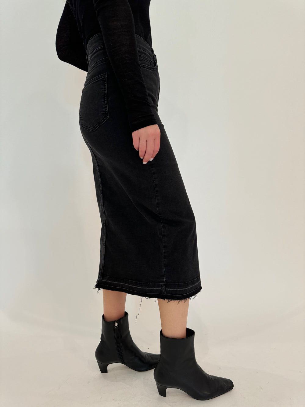 Elliott Lauren Geneva Jean  Midi Skirt With Front Slit in Black available at Barbara Katz