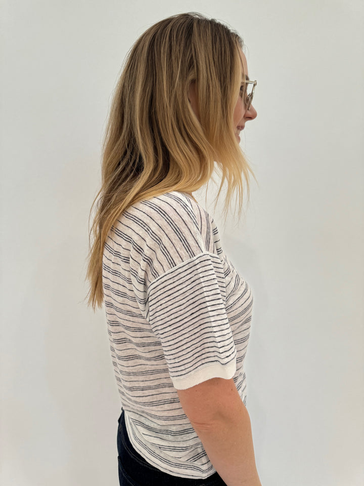 Frame Linen Short Sleeve Crew Tee in Cream Multi Stripes