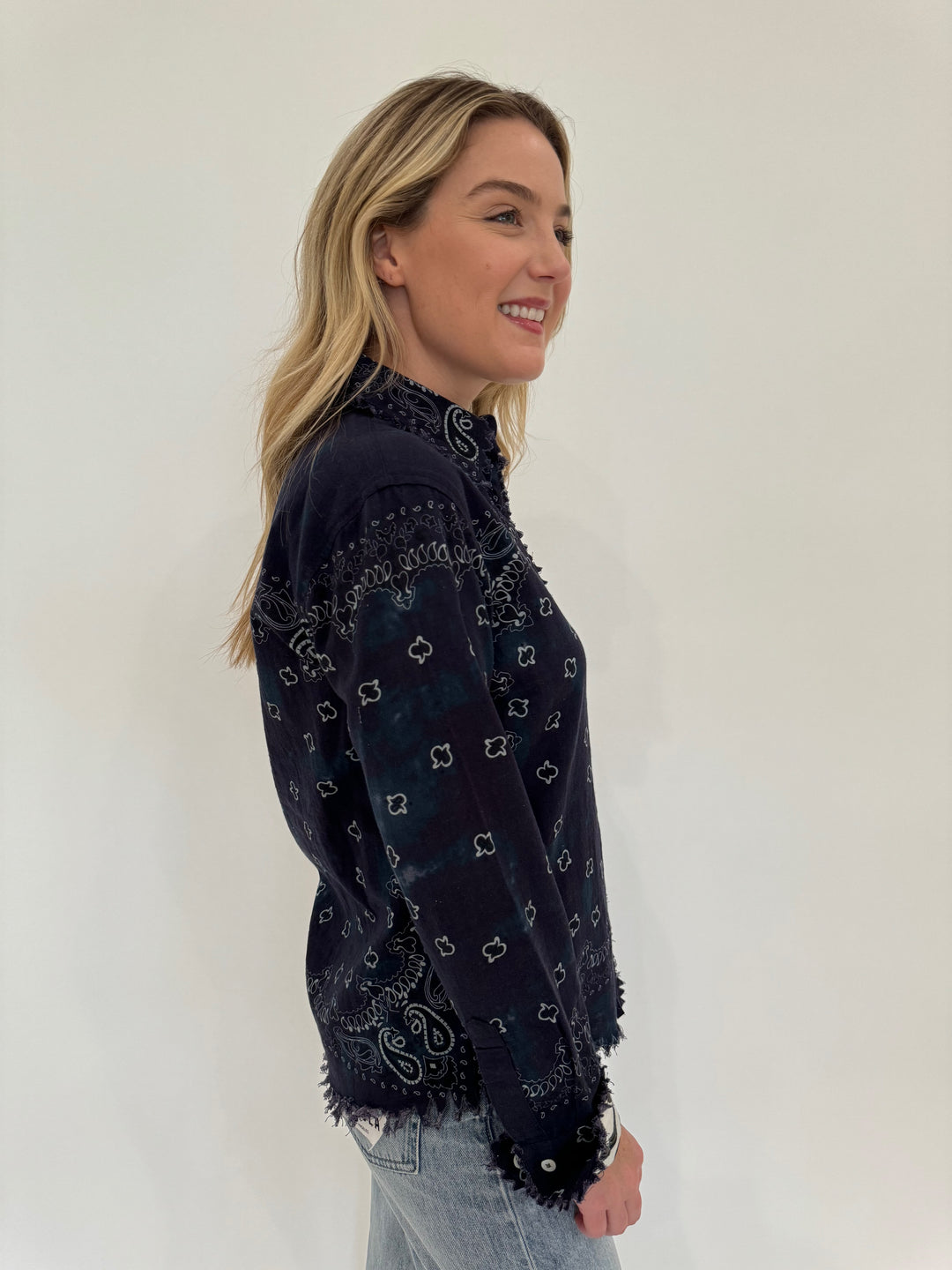 Dizzy-Lizzie Cape Cod Frayed Long Sleeve Shirt Indigo Bandana Print - F809 available at Barbara Katz