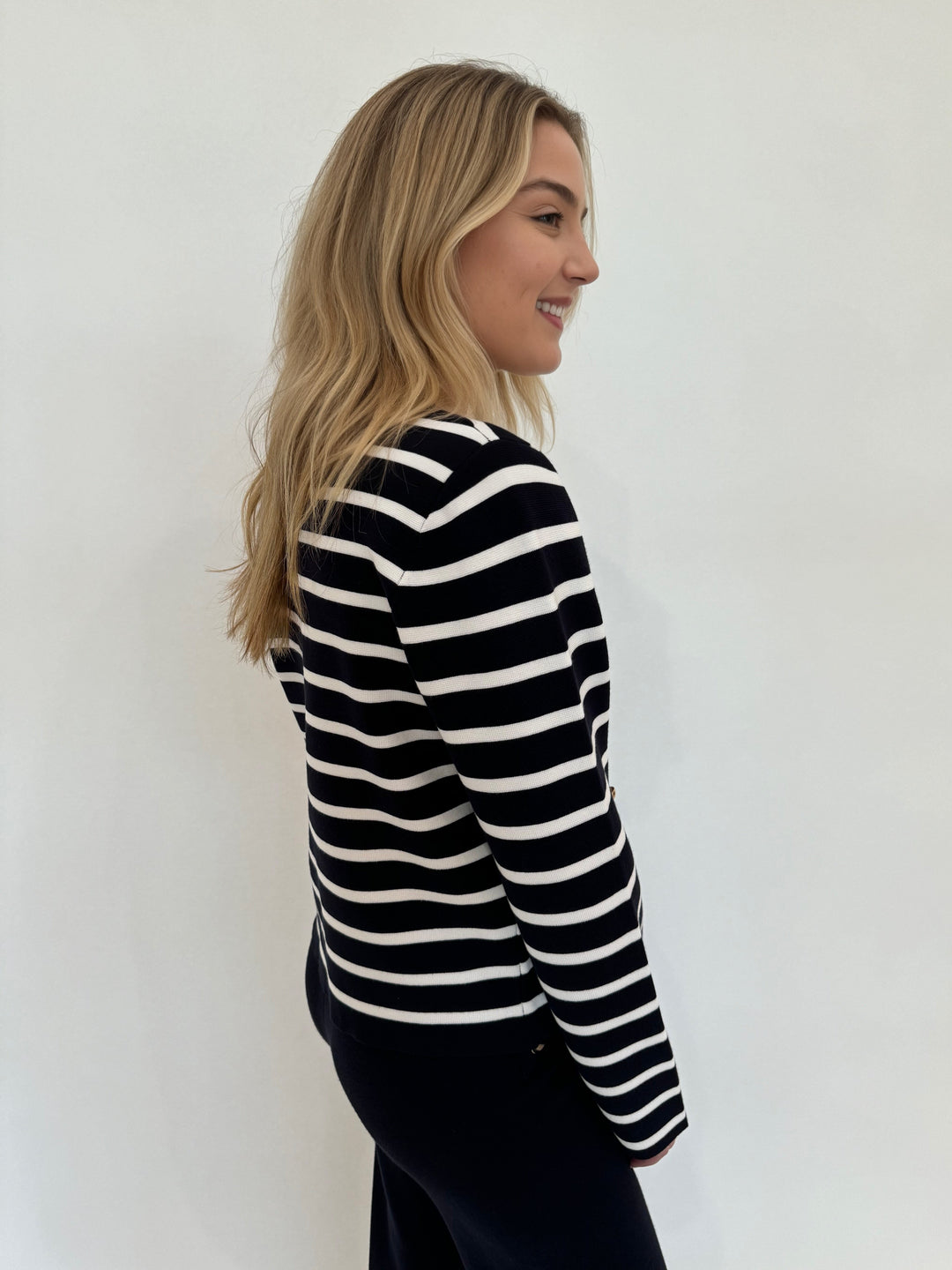 BK Dina Striped Long Sleeve Sweater Cardigan in Navy available at Barbara Katz