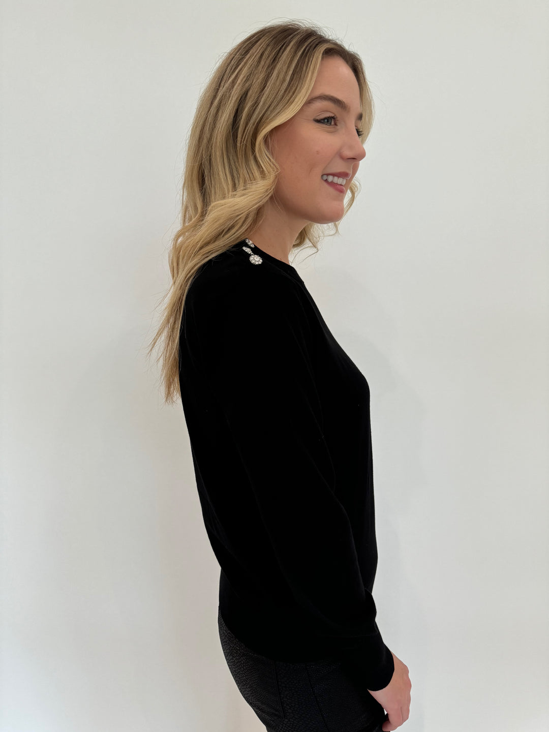 Elliott Lauren Top It Off Button Sleeve Sweater in Black available at Barbara Katz