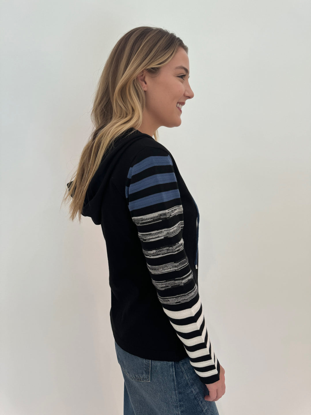 Hannah Stripe Sleeve Zip Hoodie - Denim