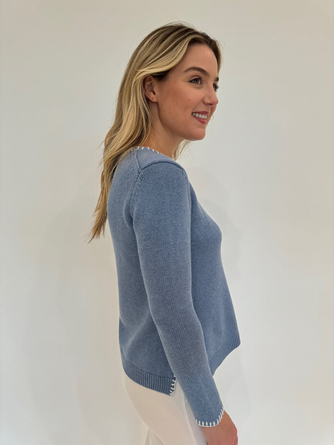 Elliott Lauren Whipstitch Crew Neck Long Sleeve Sweater in Bluebell available at Barbara Katz