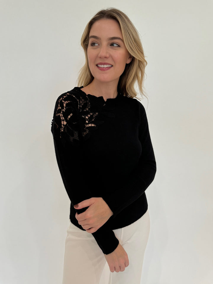 Kinross Lace Applique Crew Sweater in Black available at Barbara Katz