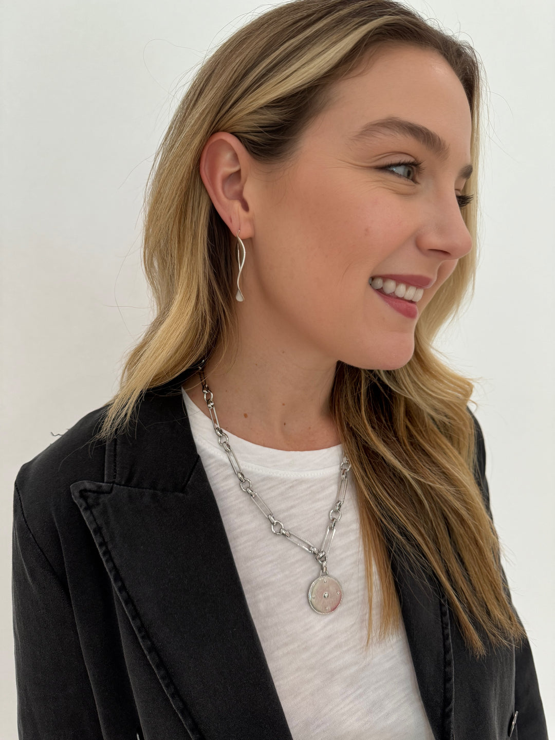 Peace of Cloth Denim Bolero Jacket in Grey with Elliott Lauren White Side Ruched Crew Neck Top underneath and Barbara Katz silver necklace and earrings