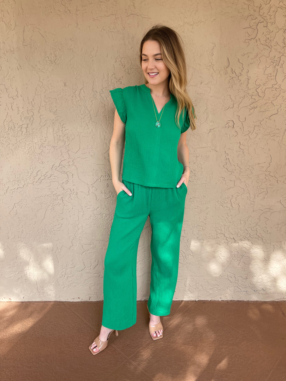 Gauze Elastic Waist Pant - Green