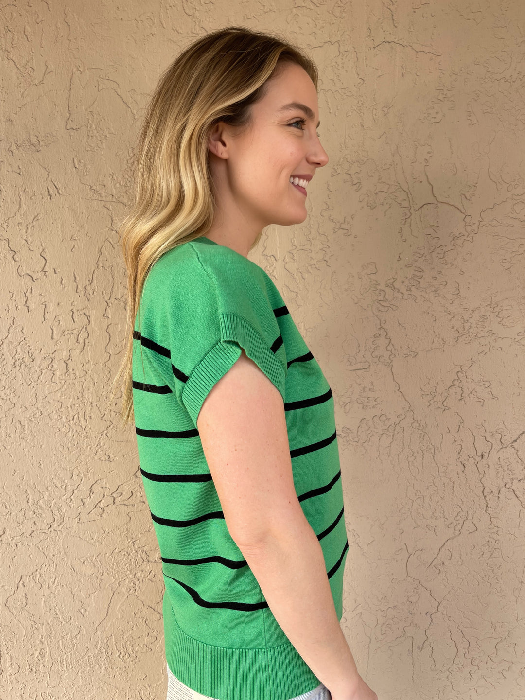 Stripe V Neck Short Sleeve - Green/Black