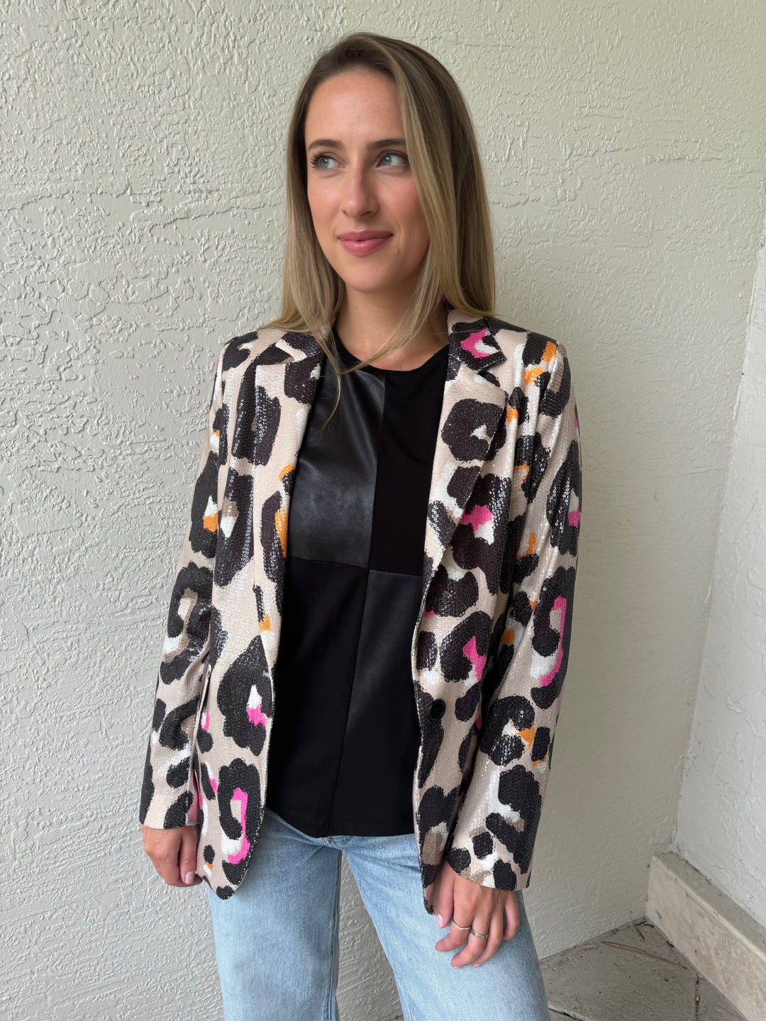 BK Sienna Suede & Vegan Leather Top in Black layered with Vilagallo Andrea Sequin Jacket in Pink/Grey Leopard available at Barbara Katz