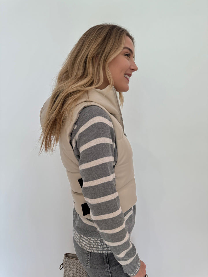 Adroit Atelier Lola Quilted Full Zip Vest in Oak with Oui Striped Sweater underneath available at Barbara Katz