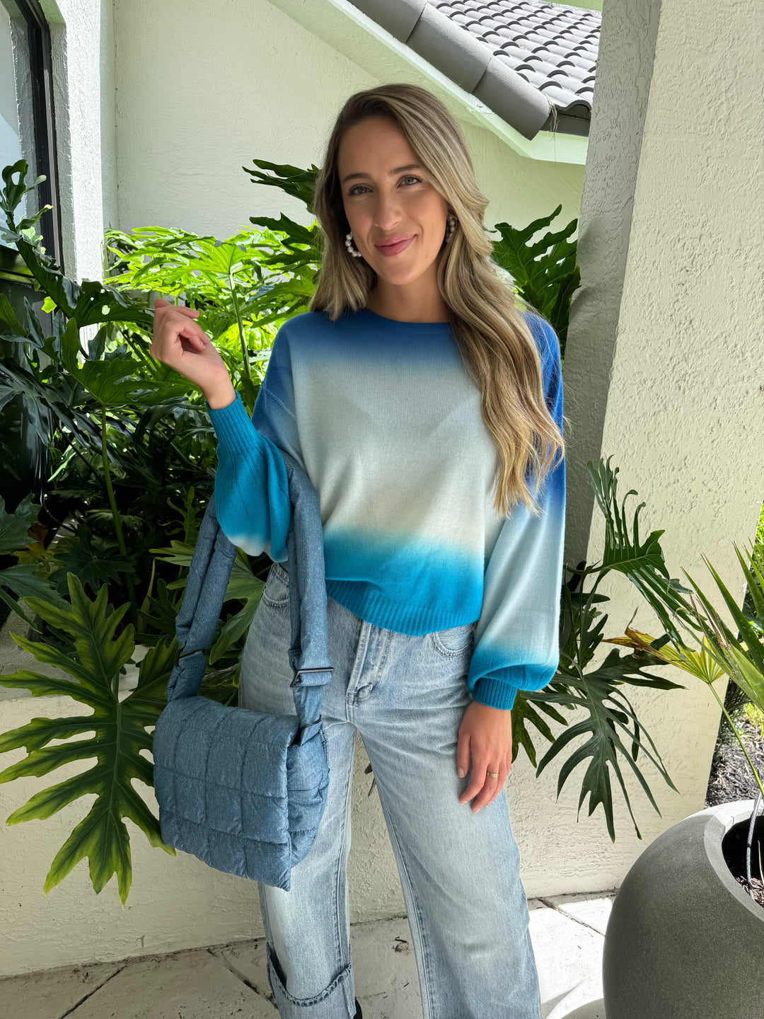 Colorush Dip Dye Balloon Sweater in Waves paired with Pistola Ryder Cuffed Jeans in Essex and Vee Collective Porter Messenger Bag in Denim - all available at Barbara Katz