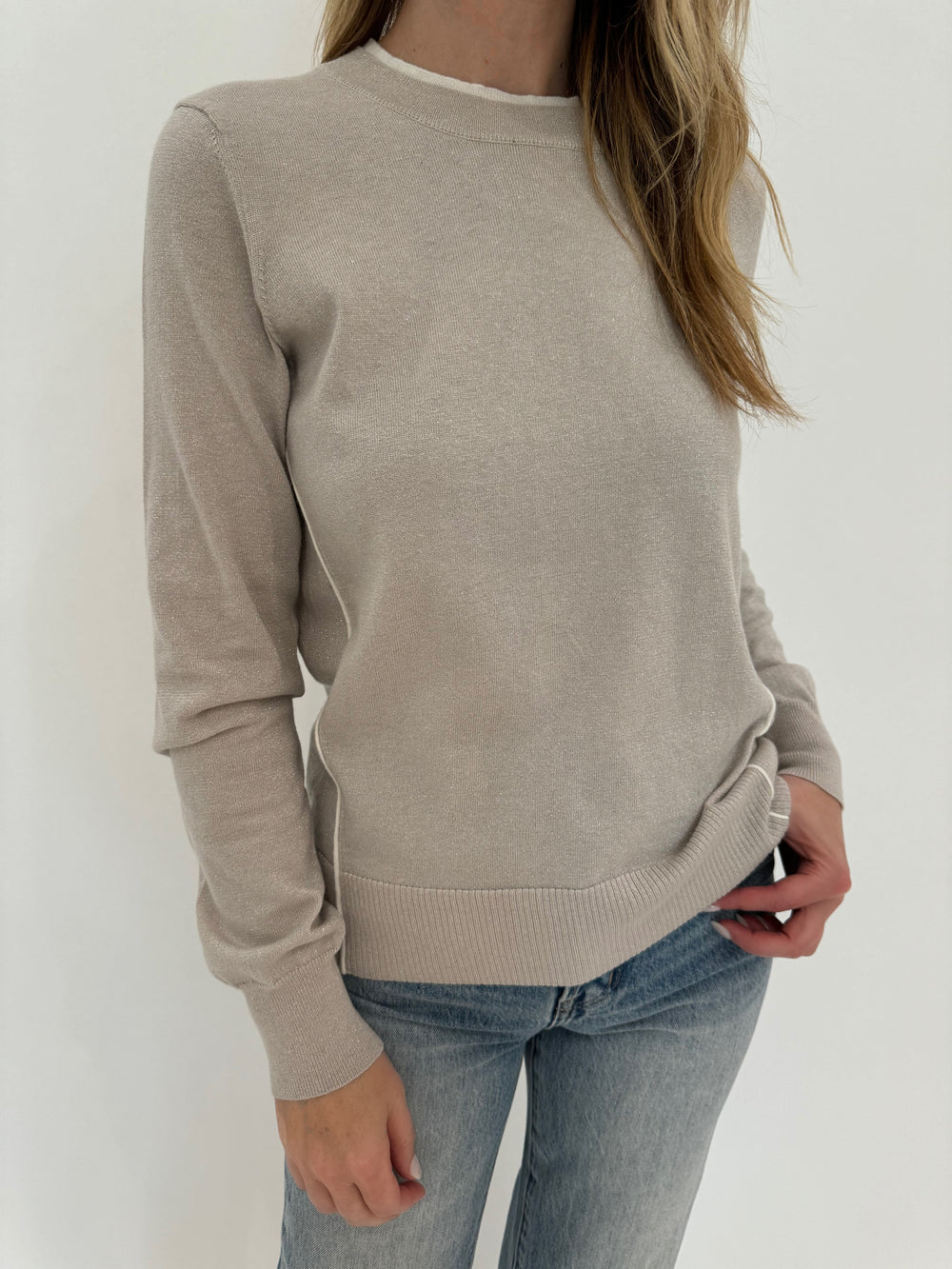 Pure Amici Metallic Crewneck Sweater in Latte