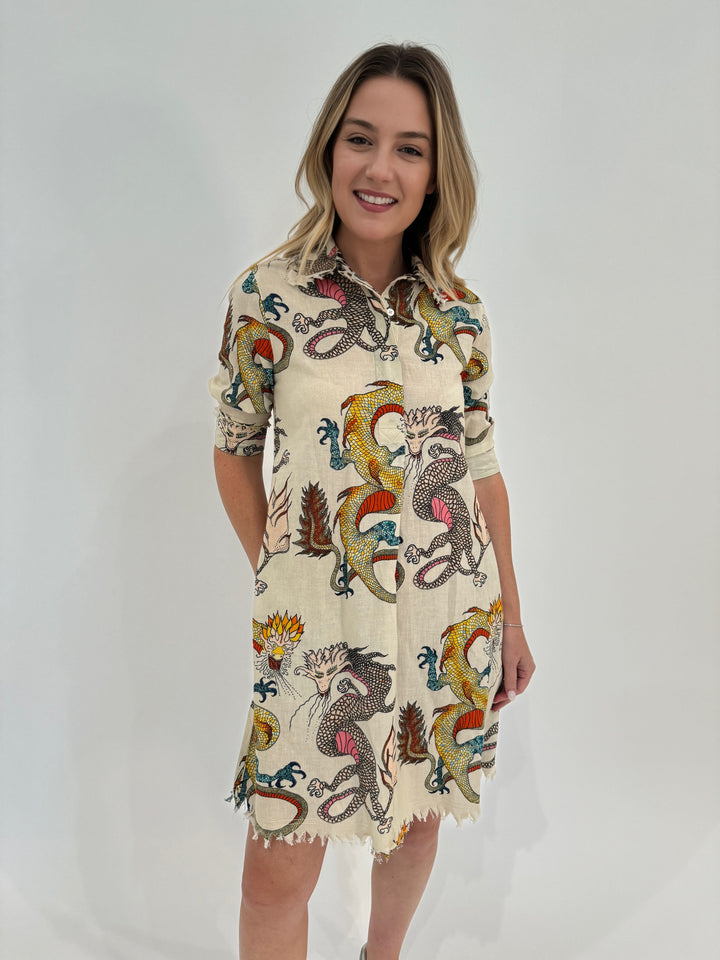 Dizzy-Lizzie Cotton Chatham Dress in White with Dragon Print M300