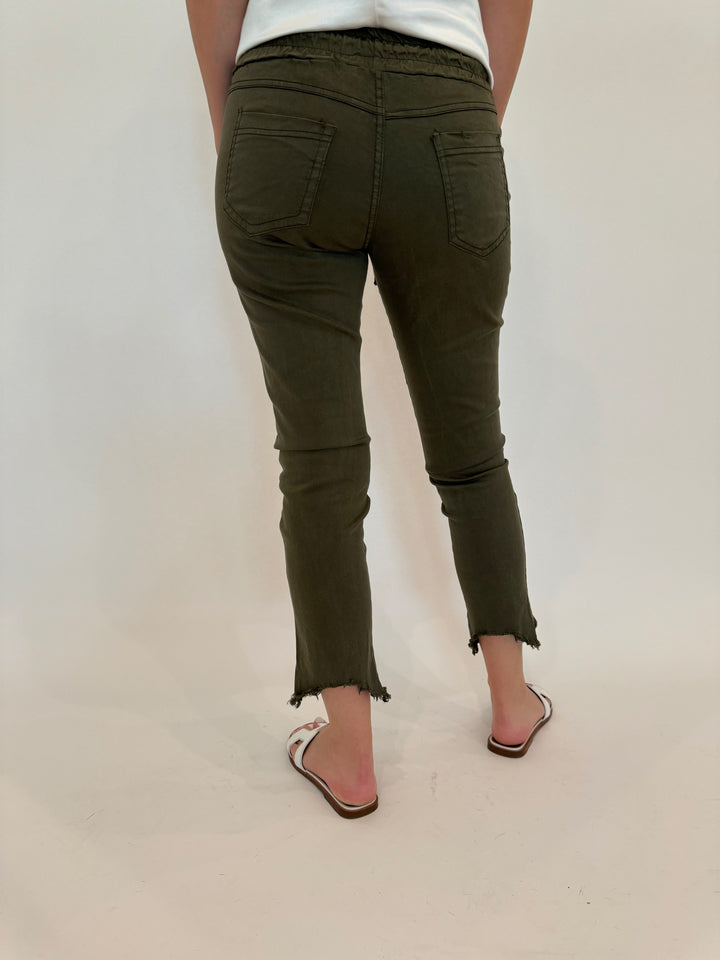 BK Kylie Distressed Fringe Hem Crinkle Jogger in Army Green available at barbarakatzshop.com