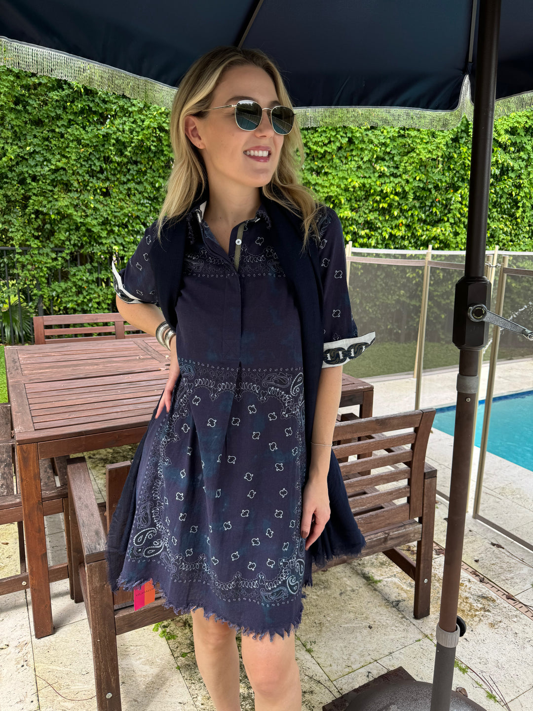 Dizzy-Lizzie Chatham Dress Indigo Bandana Print with Vilagallo Navy Wool Scarf and Le Specs Neptune Deux Sunnies available at Barbara Katz