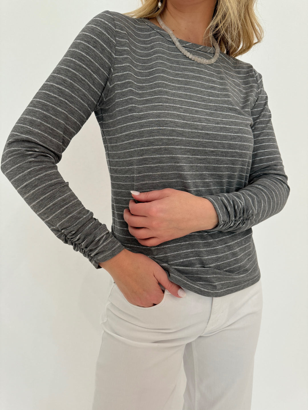 Elliott Lauren Shimmer Stripe Crew Neck Long Sleeve Top in Grey