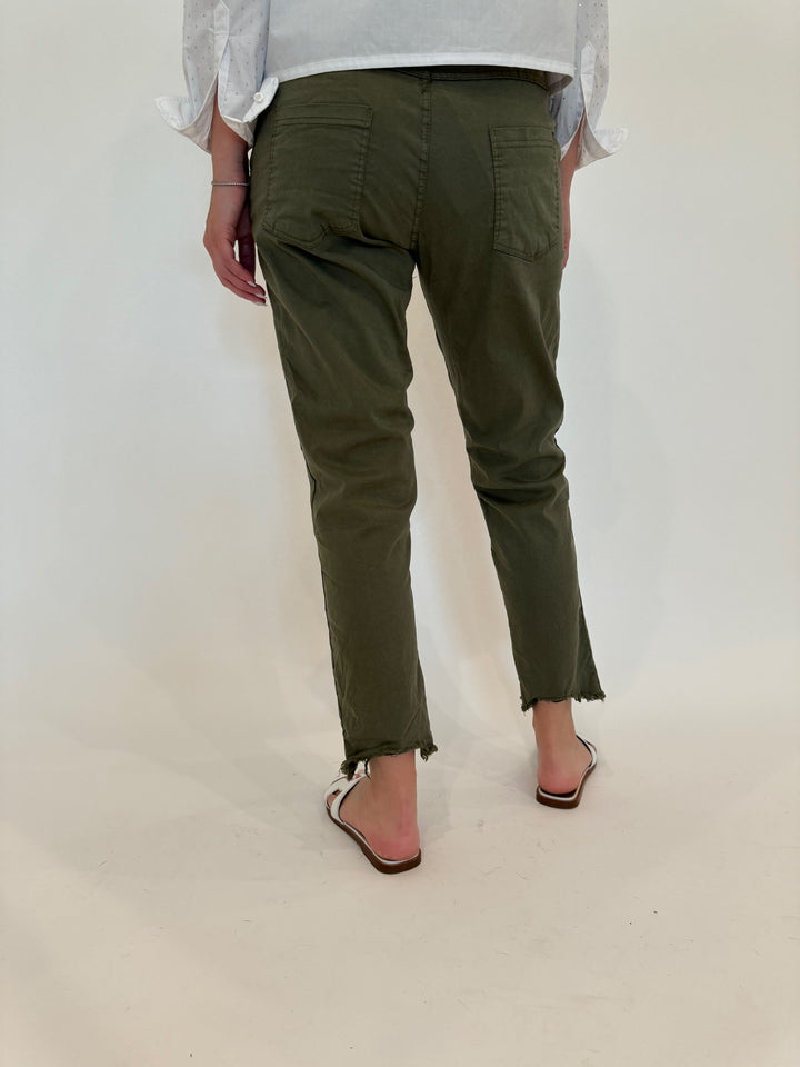 BK Charlie Zip Pocket Crinkle Jogger With Raw Hem in Army Green available at barbarakatzshop.com