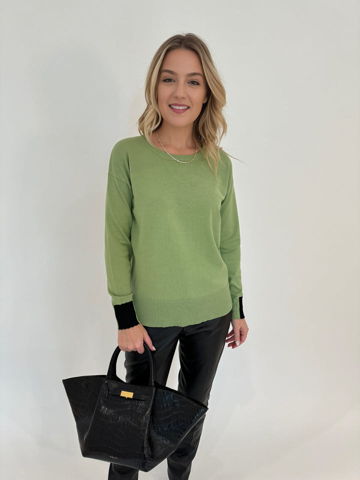 BK Sarah Color Block Tip Sweater in Green Eyes/Black shown with DeMellier The Midi New York Bag in Black Croc available at Barbara Katz