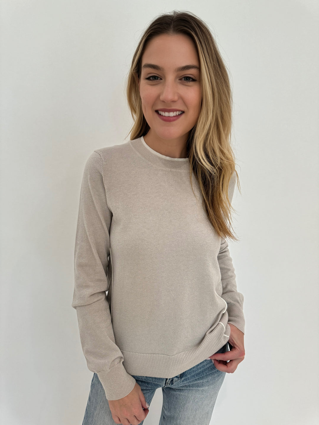 Pure Amici Metallic Crew Neck Sweater in Latte