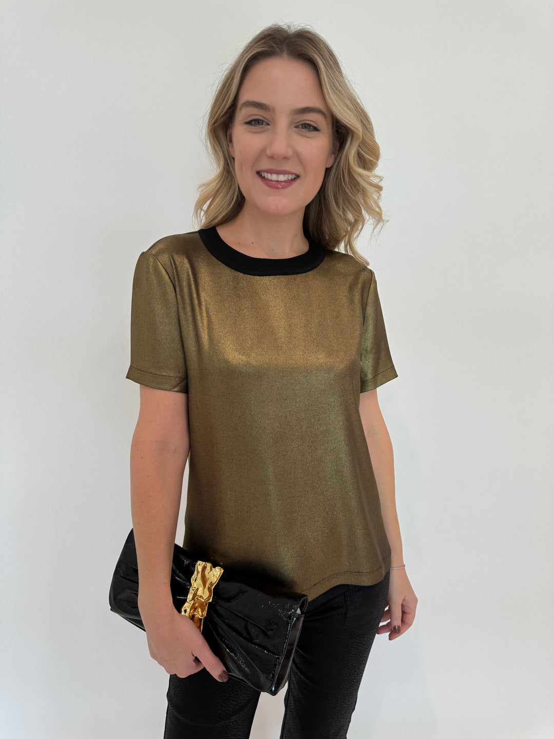 Elliott Lauren Slinky Metallic Tee in Gold with Alexis Bittar Gold Ribbon Convertible Shoulder Bag in Black available at Barbara Katz